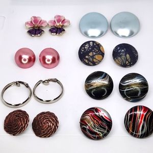 LOT 8 Vintage CLIP Button Earrings Abstract Silver Hoop Unsigned Flower Stud